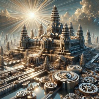The primary subject of the image is a large, intricate, and ornate castle-like structure, which appears to be a digital art or illustration. The setting is a fantasy world with a sky background, and the visual style is a combination of photo-realistic and artistic elements. The colors and mood of the image are predominantly gold and warm, creating a sense of grandeur and fantasy.
